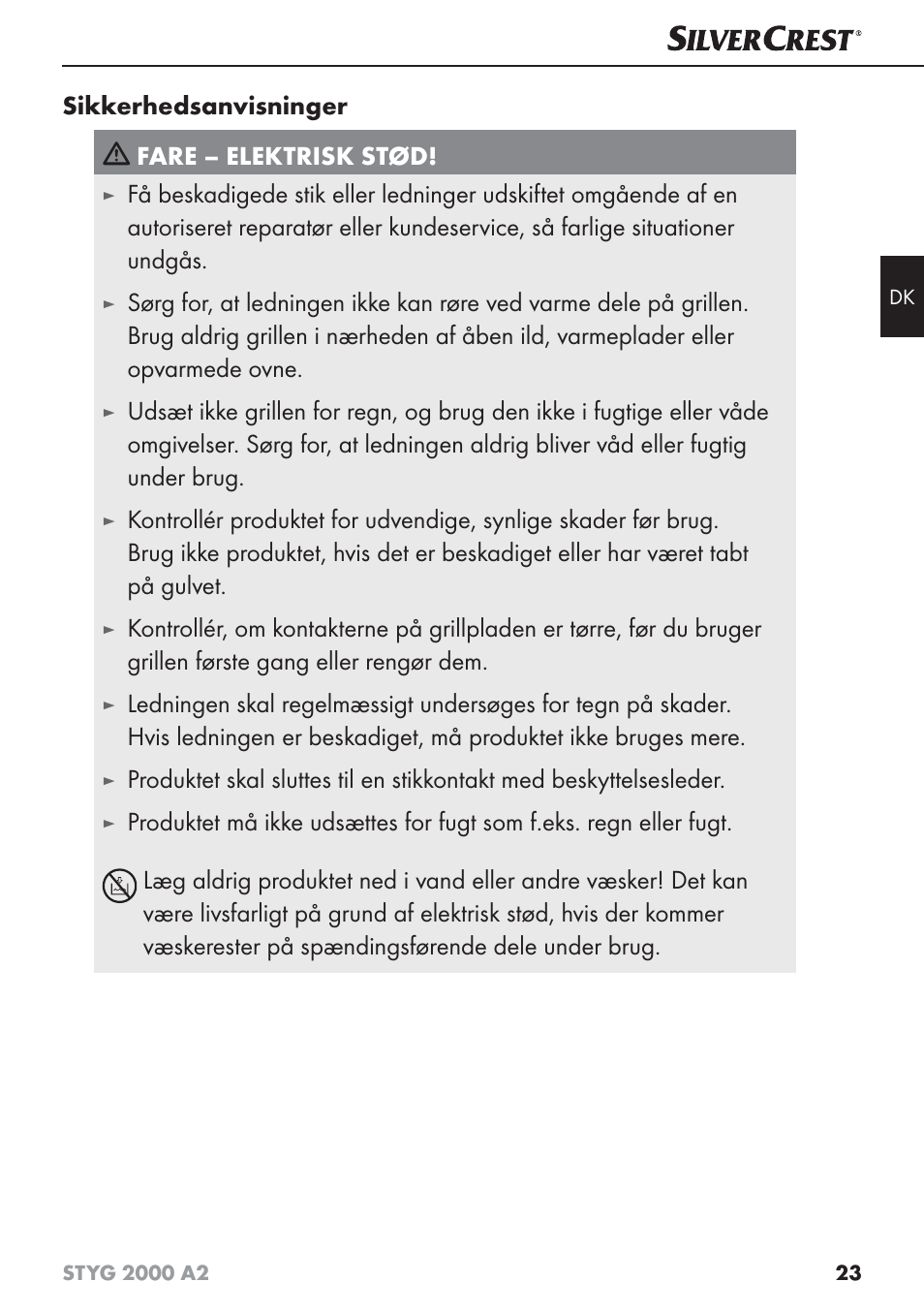 Sikkerhedsanvisninger fare – elektrisk stød | Silvercrest STYG 2000 A2 User Manual | Page 26 / 63