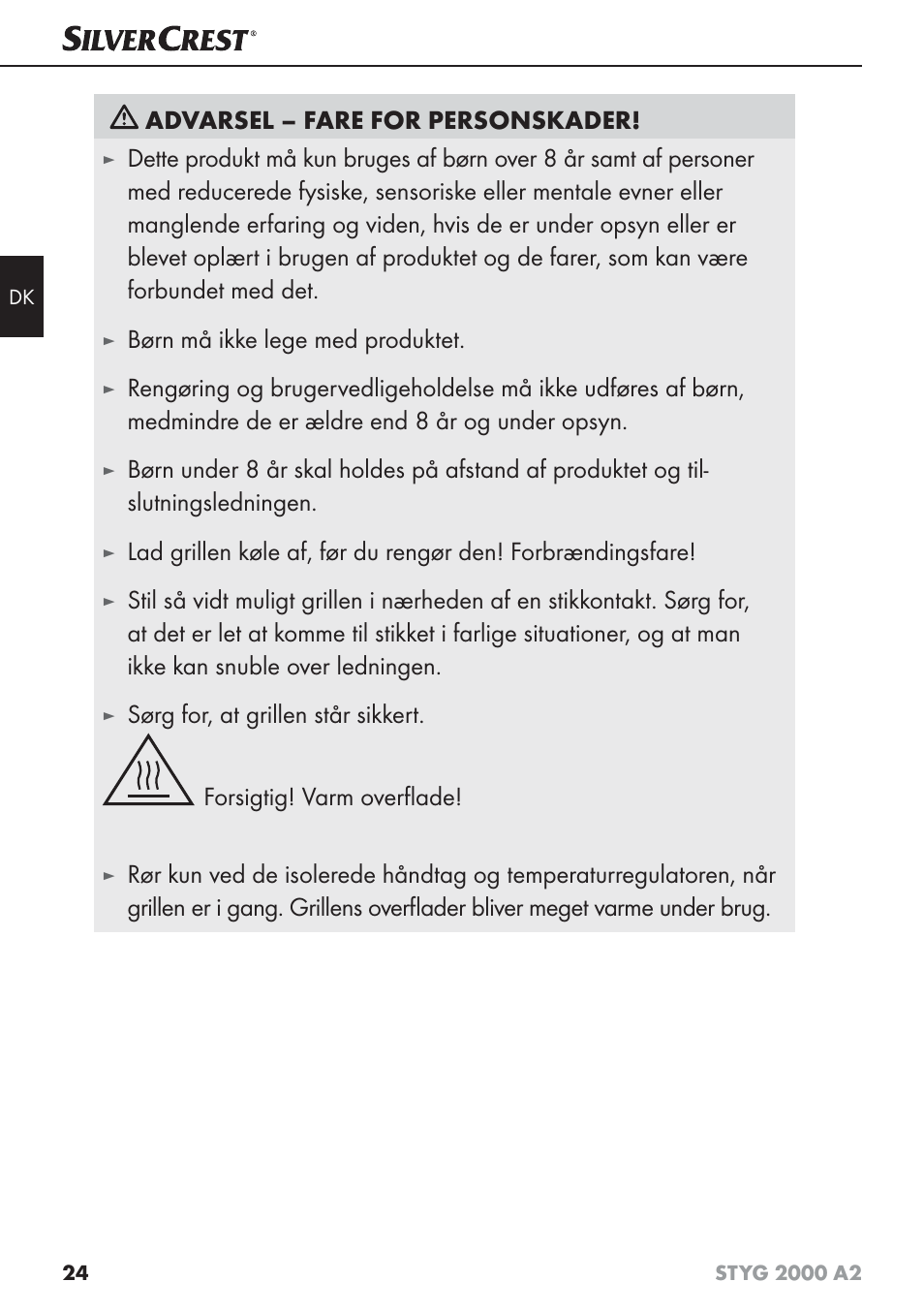 Advarsel – fare for personskader, Børn må ikke lege med produktet | Silvercrest STYG 2000 A2 User Manual | Page 27 / 63