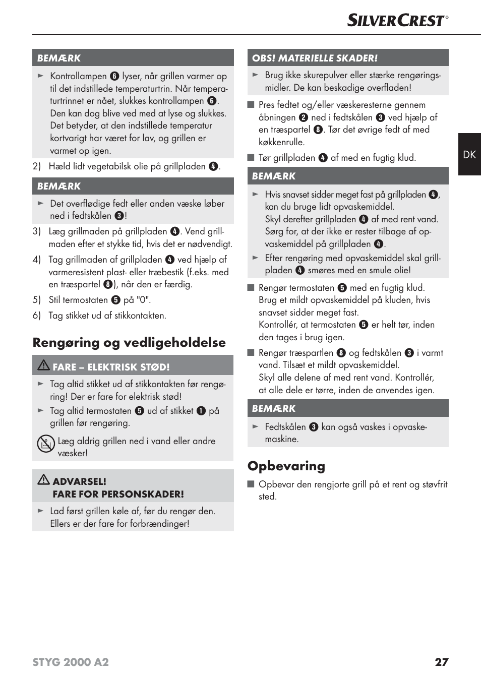 Rengøring og vedligeholdelse, Opbevaring | Silvercrest STYG 2000 A2 User Manual | Page 30 / 63