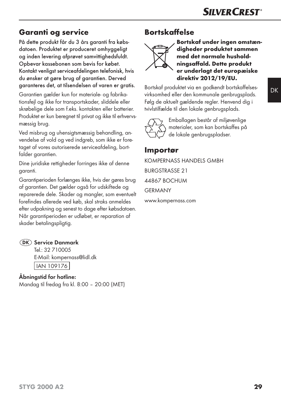 Garanti og service, Bortskaﬀ else, Importør | Silvercrest STYG 2000 A2 User Manual | Page 32 / 63