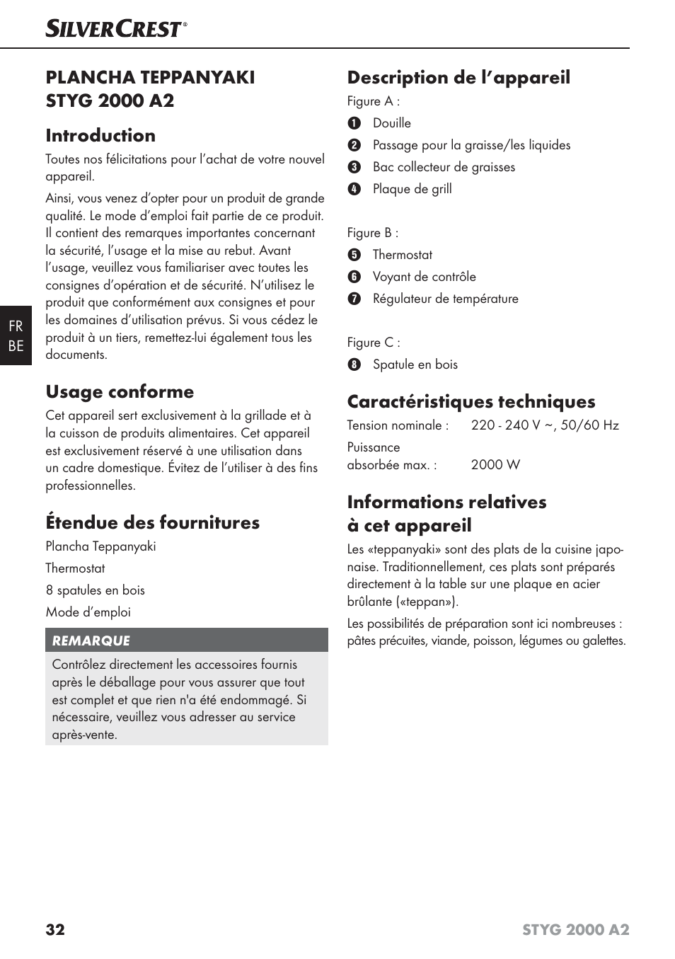 Usage conforme, Étendue des fournitures, Description de l’appareil | Caractéristiques techniques, Informations relatives à cet appareil | Silvercrest STYG 2000 A2 User Manual | Page 35 / 63