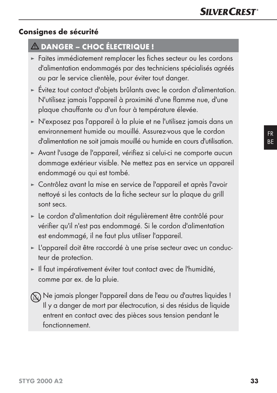 Consignes de sécurité danger – choc électrique | Silvercrest STYG 2000 A2 User Manual | Page 36 / 63