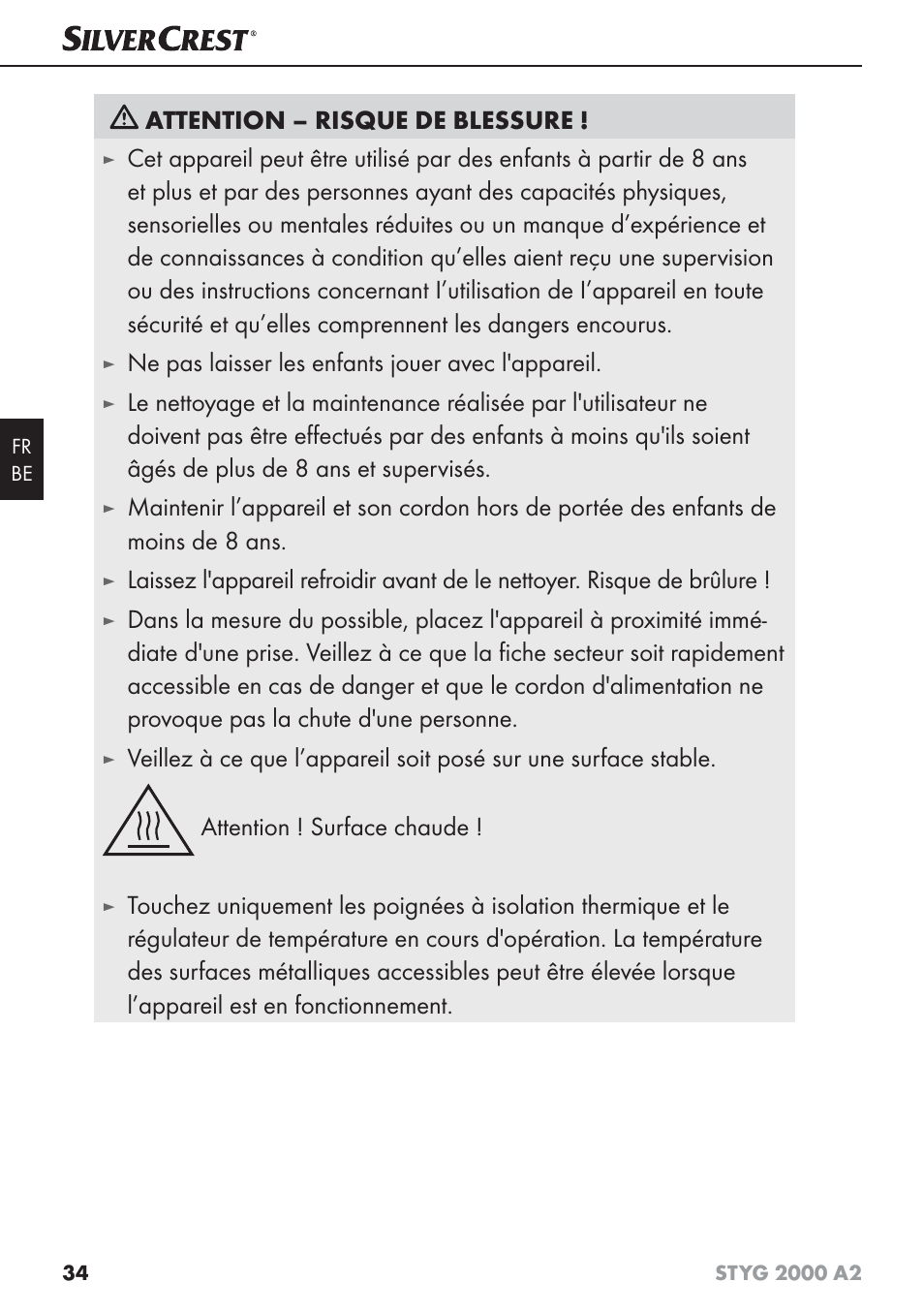Attention – risque de blessure, Ne pas laisser les enfants jouer avec l'appareil | Silvercrest STYG 2000 A2 User Manual | Page 37 / 63