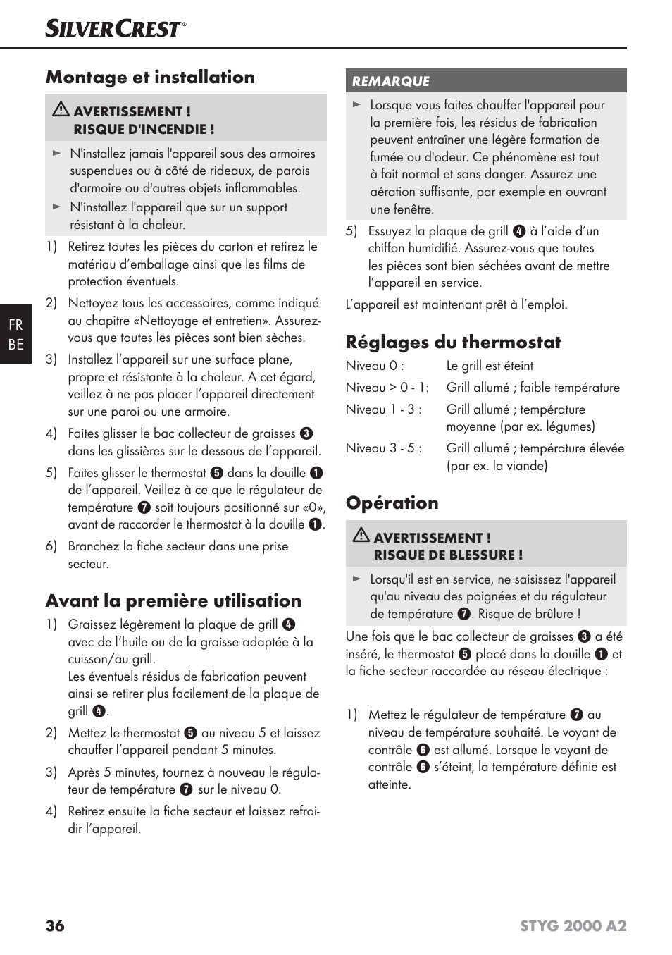 Montage et installation, Avant la première utilisation, Réglages du thermostat | Opération | Silvercrest STYG 2000 A2 User Manual | Page 39 / 63