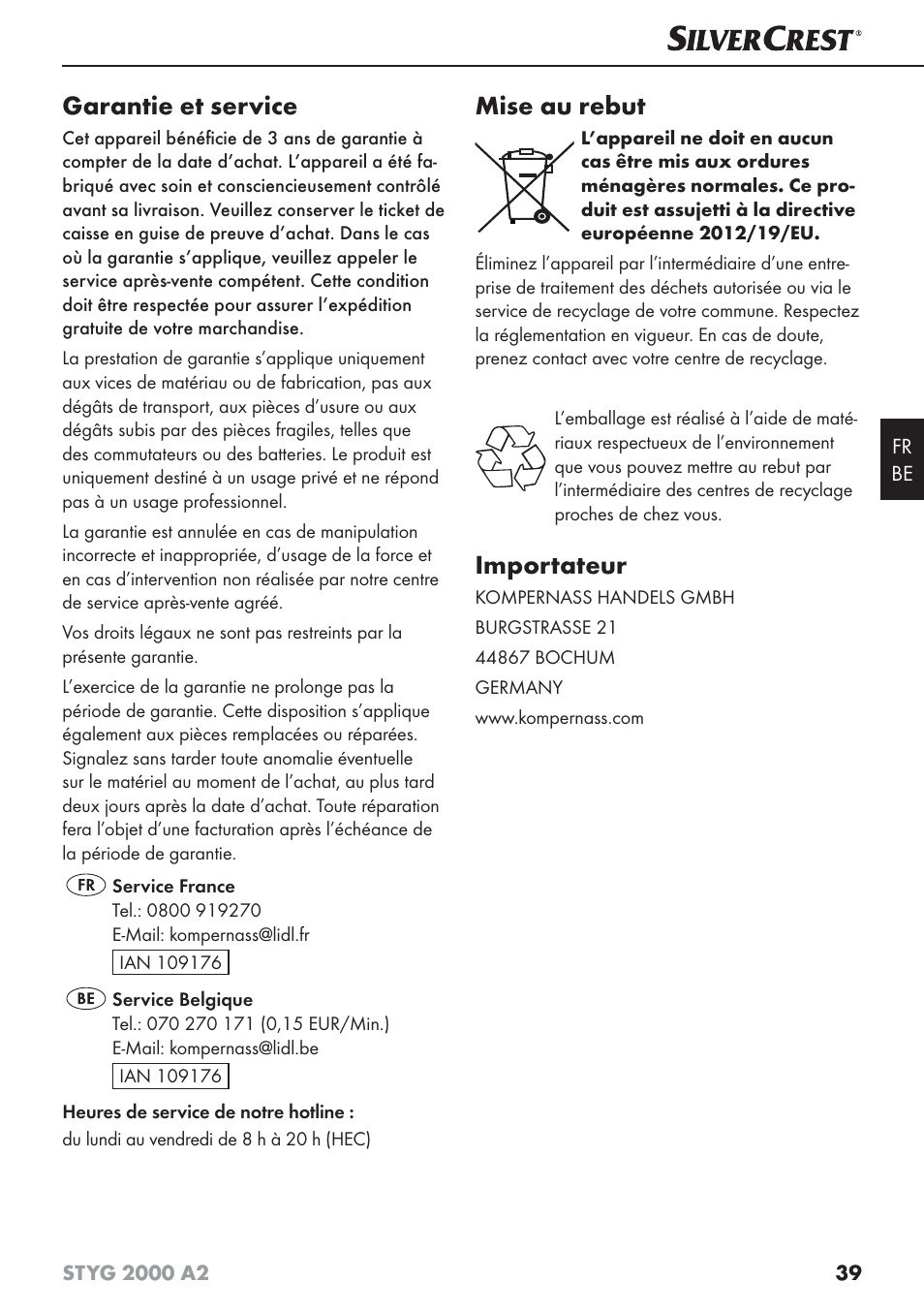 Garantie et service, Mise au rebut, Importateur | Silvercrest STYG 2000 A2 User Manual | Page 42 / 63