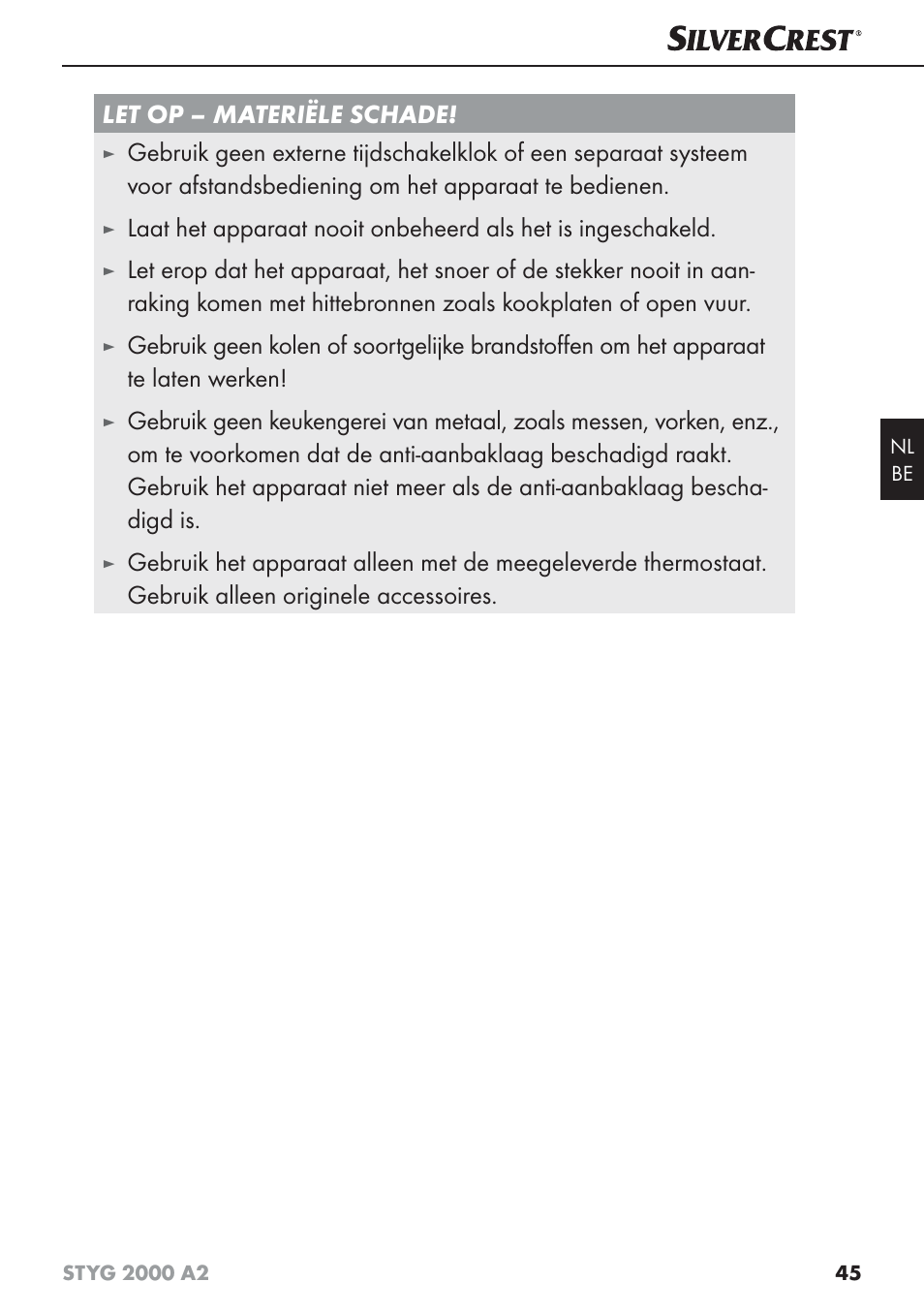 Let op – materiële schade | Silvercrest STYG 2000 A2 User Manual | Page 48 / 63