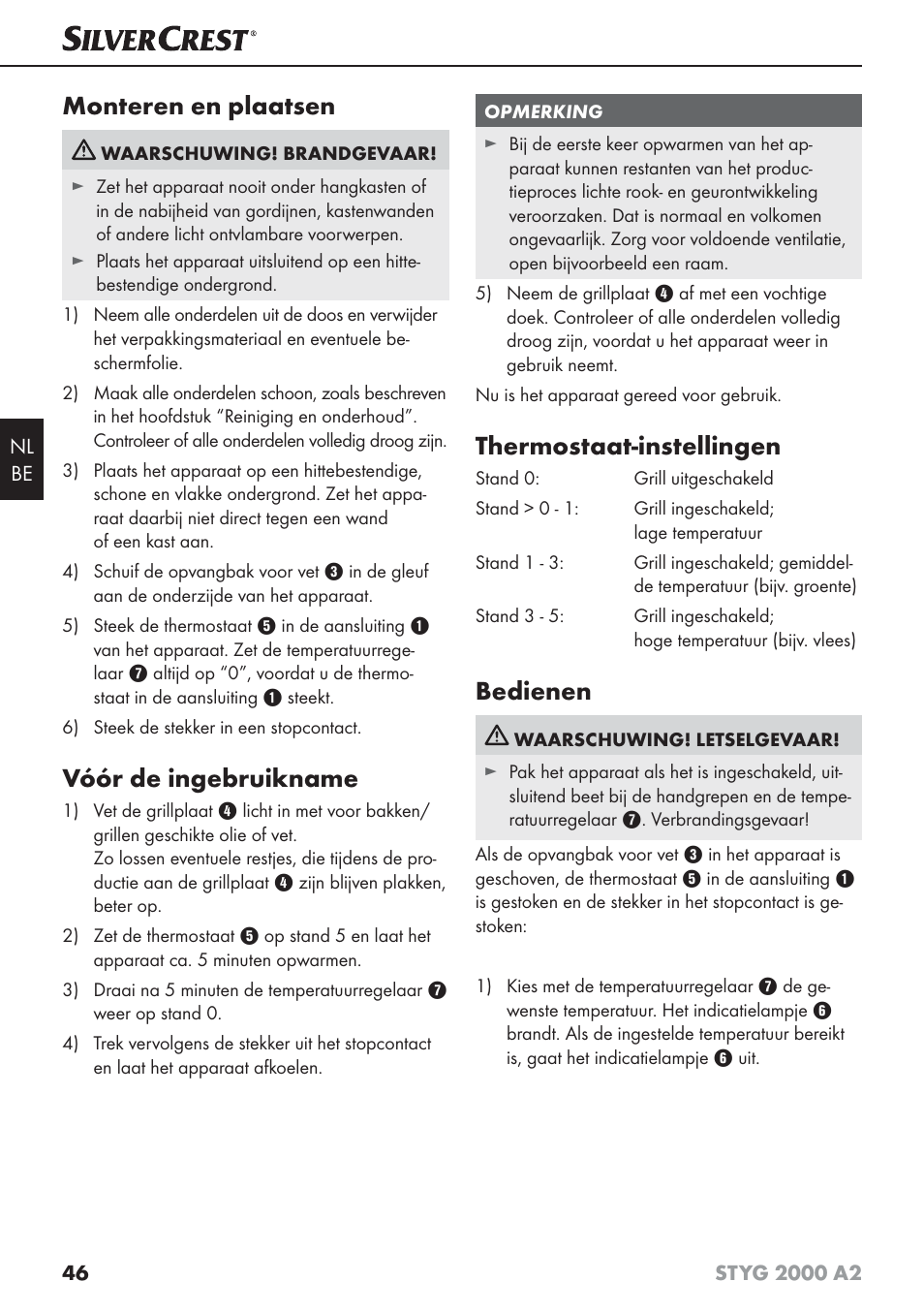 Monteren en plaatsen, Vóór de ingebruikname, Thermostaat-instellingen | Bedienen | Silvercrest STYG 2000 A2 User Manual | Page 49 / 63