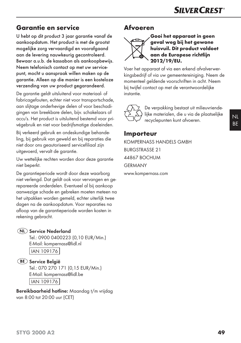 Garantie en service, Afvoeren, Importeur | Silvercrest STYG 2000 A2 User Manual | Page 52 / 63