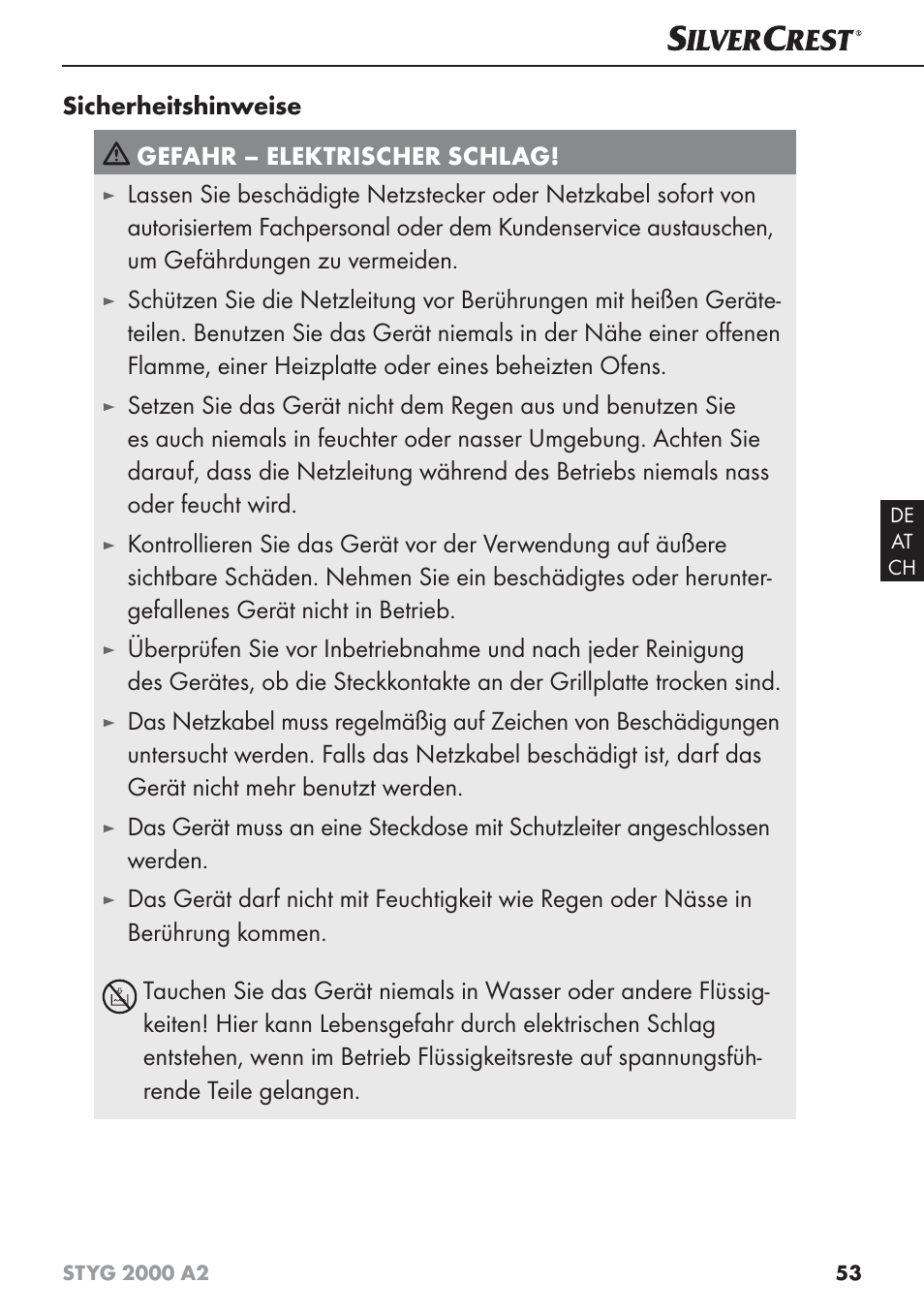 Sicherheitshinweise gefahr – elektrischer schlag | Silvercrest STYG 2000 A2 User Manual | Page 56 / 63