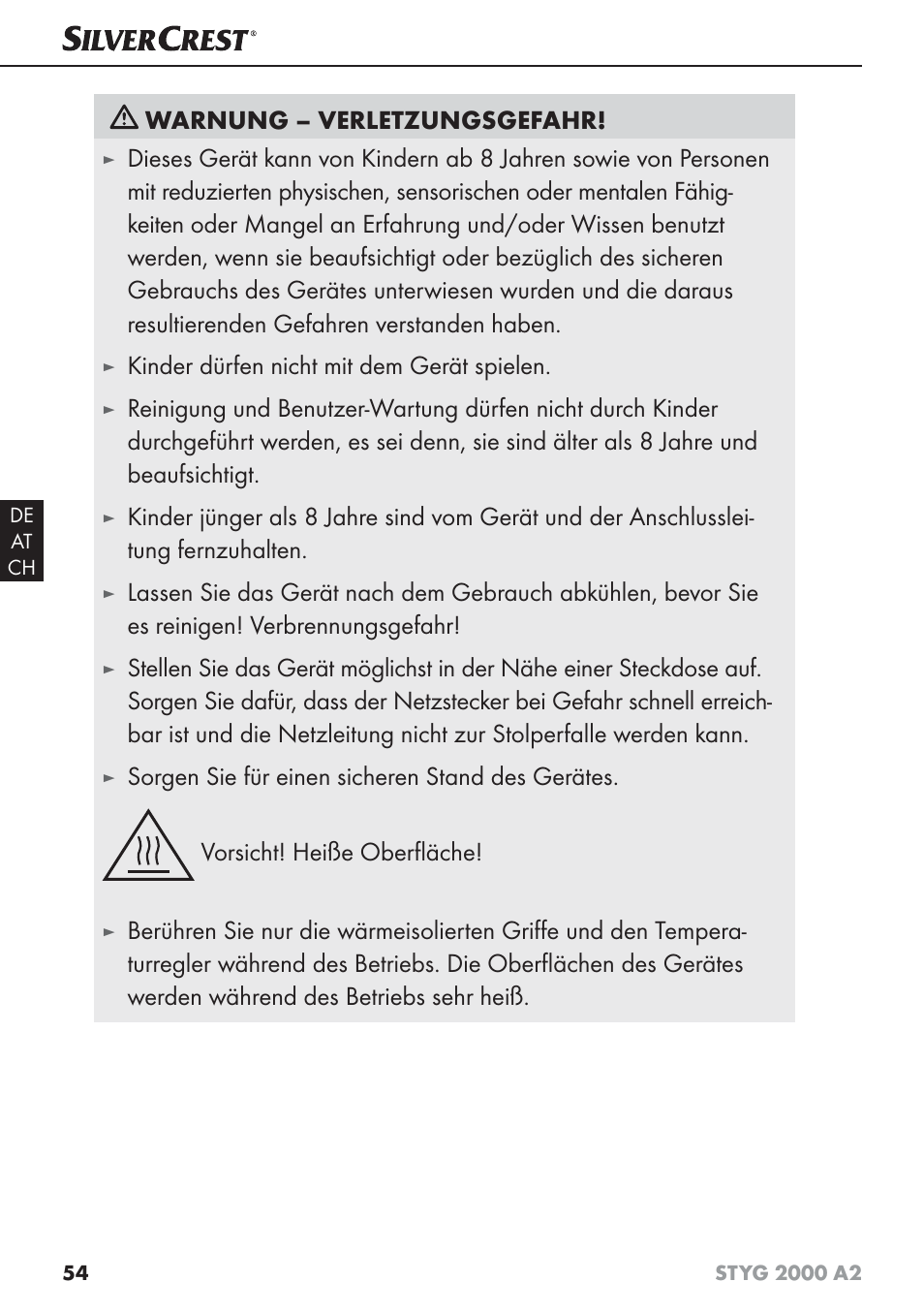 Warnung – verletzungsgefahr, Kinder dürfen nicht mit dem gerät spielen | Silvercrest STYG 2000 A2 User Manual | Page 57 / 63