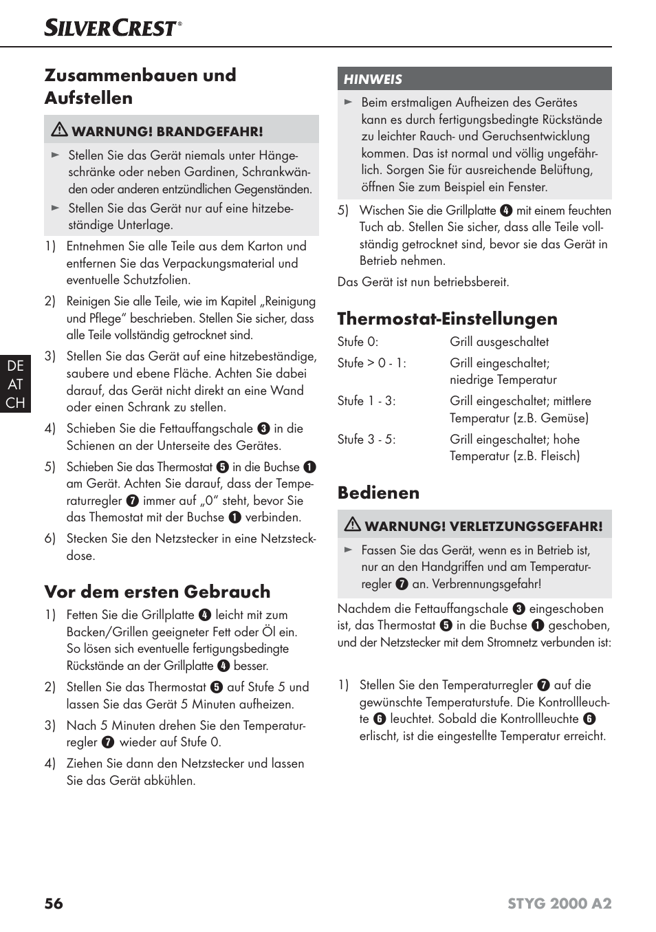 Zusammenbauen und aufstellen, Vor dem ersten gebrauch, Thermostat-einstellungen | Bedienen | Silvercrest STYG 2000 A2 User Manual | Page 59 / 63