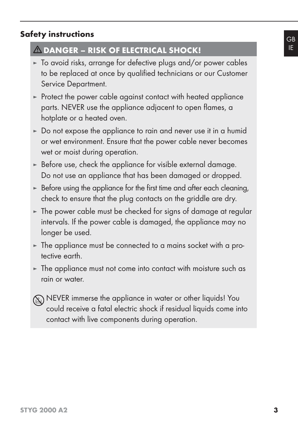 Safety instructions, Danger – risk of electrical shock | Silvercrest STYG 2000 A2 User Manual | Page 6 / 63