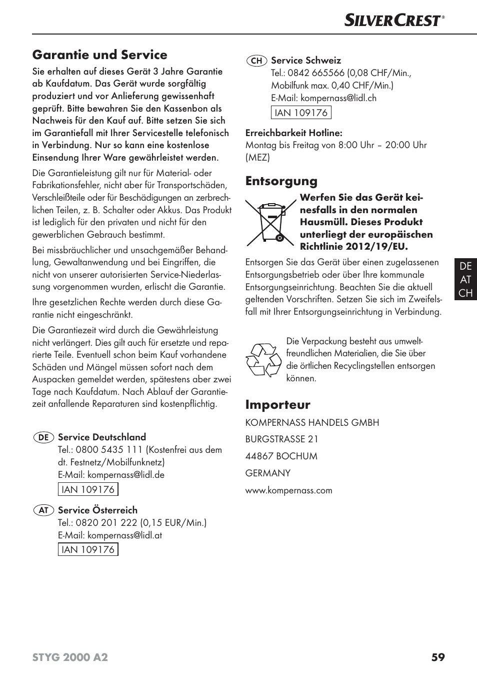 Garantie und service, Entsorgung, Importeur | Silvercrest STYG 2000 A2 User Manual | Page 62 / 63