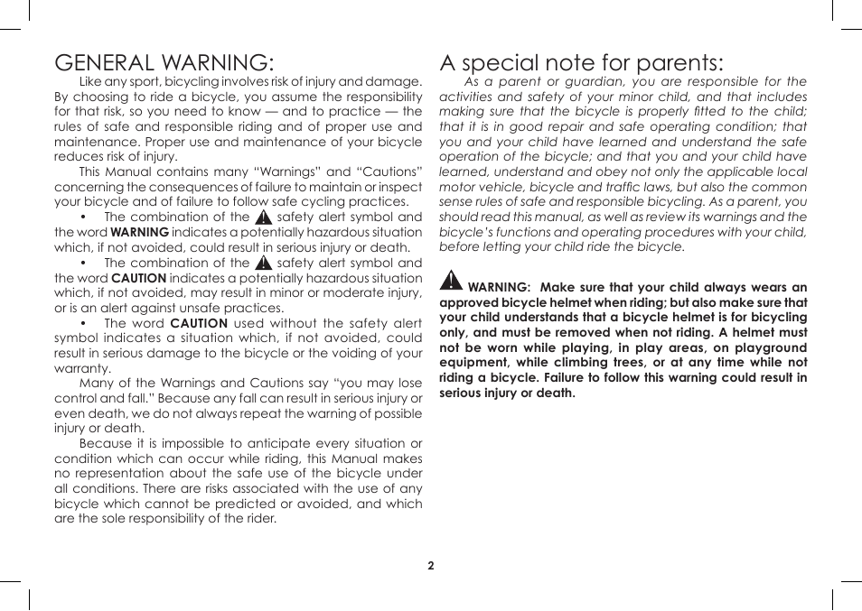 General warning | Diamondback Single-Speed Bicycle User Manual | Page 2 / 32