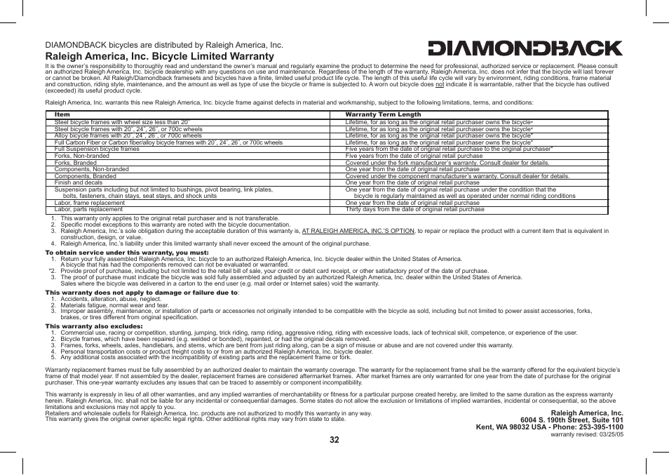 Raleigh america, inc. bicycle limited warranty | Diamondback Single-Speed Bicycle User Manual | Page 32 / 32