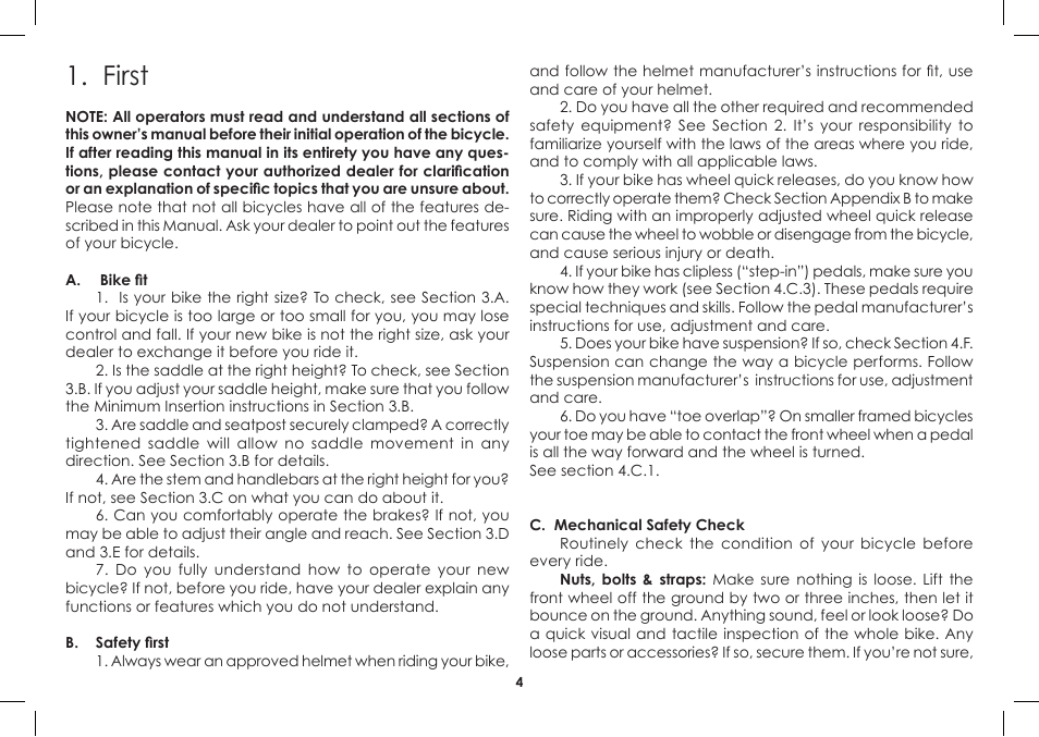 First | Diamondback Single-Speed Bicycle User Manual | Page 4 / 32
