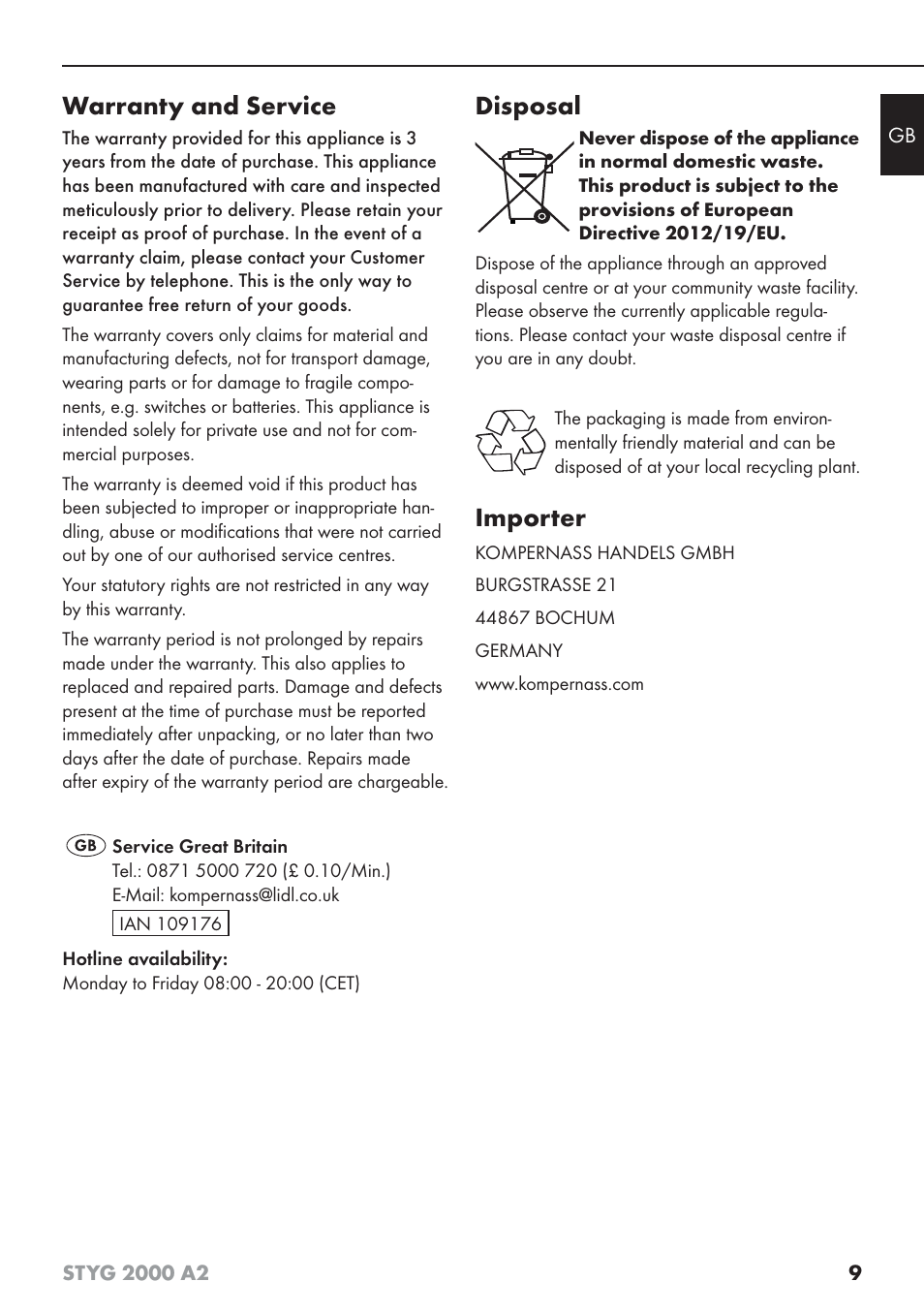 Warranty and service, Disposal, Importer | Silvercrest STYG 2000 A2 User Manual | Page 12 / 73