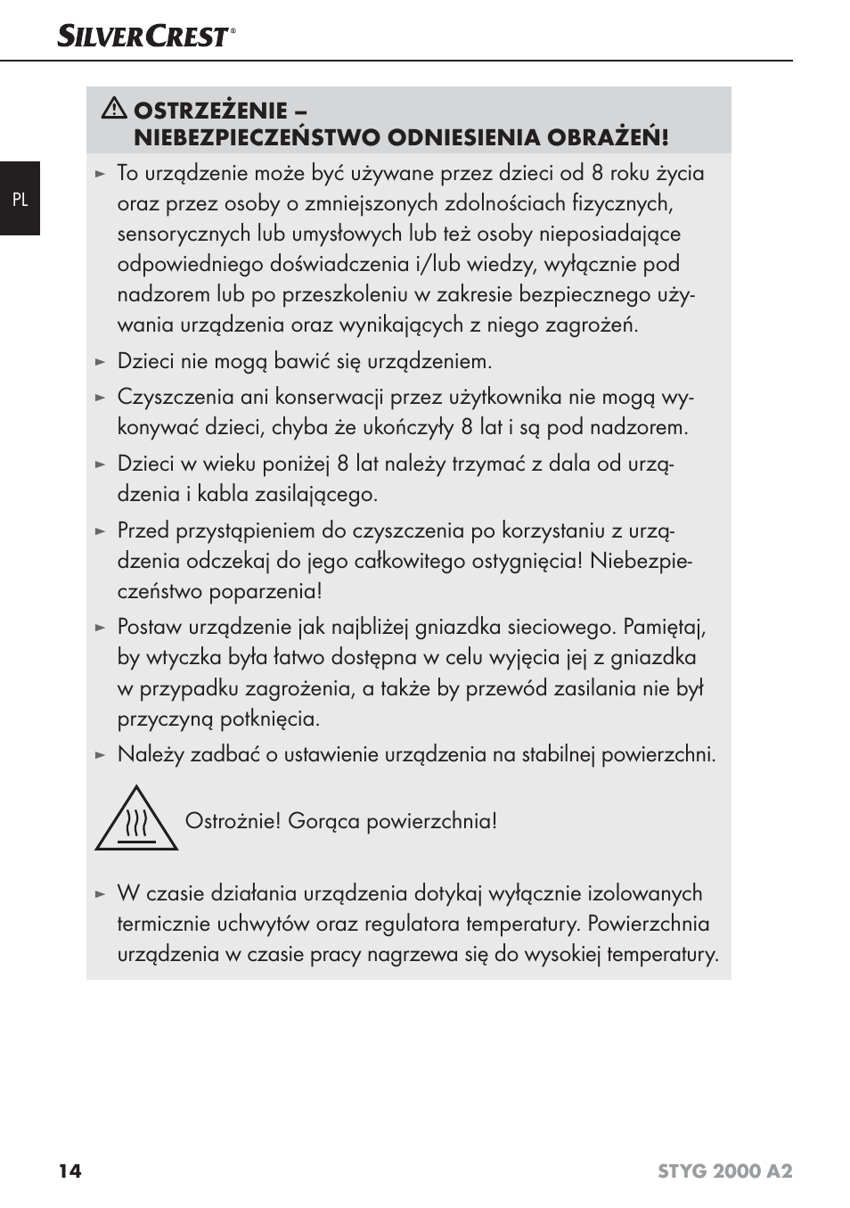 Dzieci nie mogą bawić się urządzeniem | Silvercrest STYG 2000 A2 User Manual | Page 17 / 73