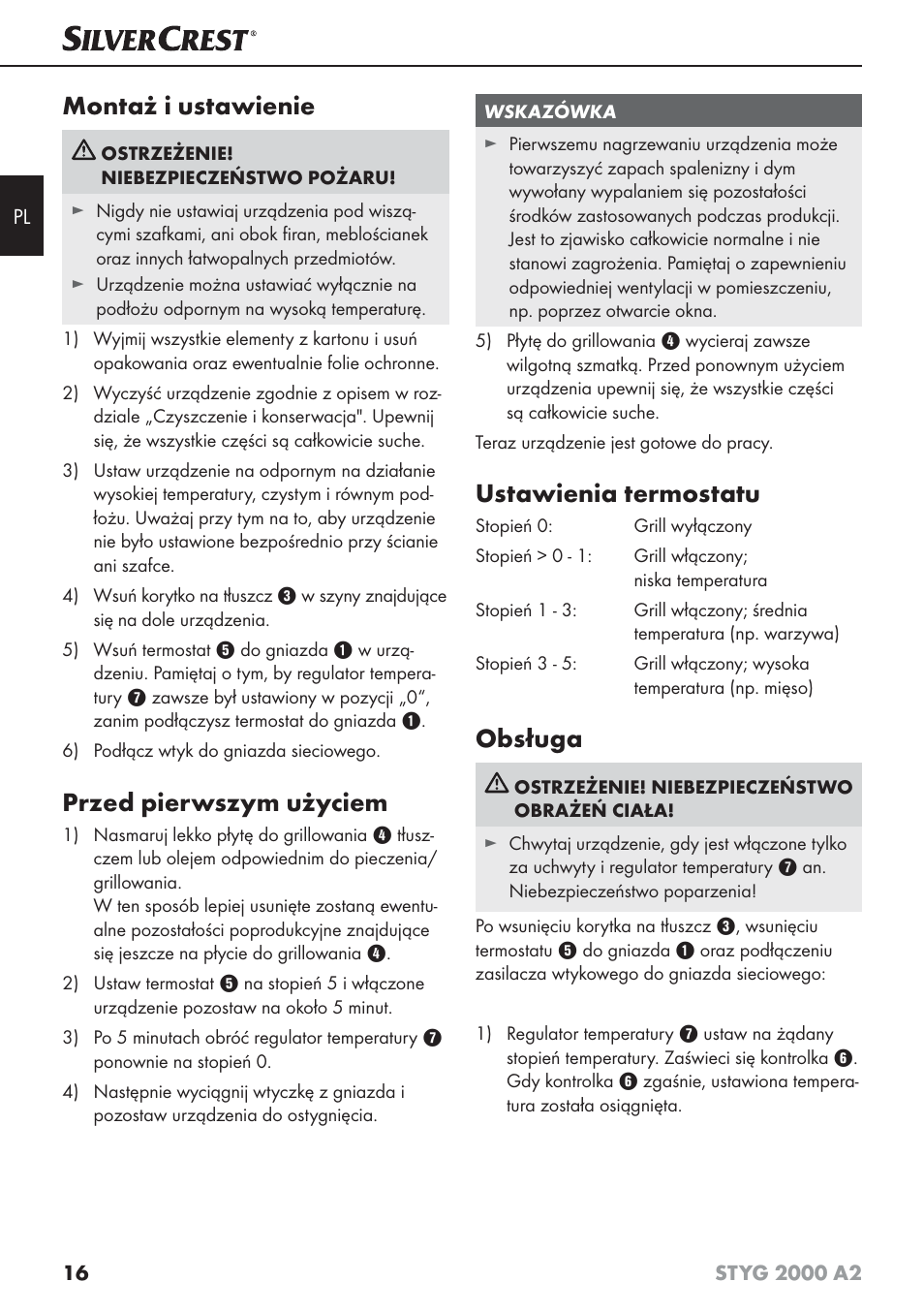 Montaż i ustawienie, Przed pierwszym użyciem, Ustawienia termostatu | Obsługa | Silvercrest STYG 2000 A2 User Manual | Page 19 / 73