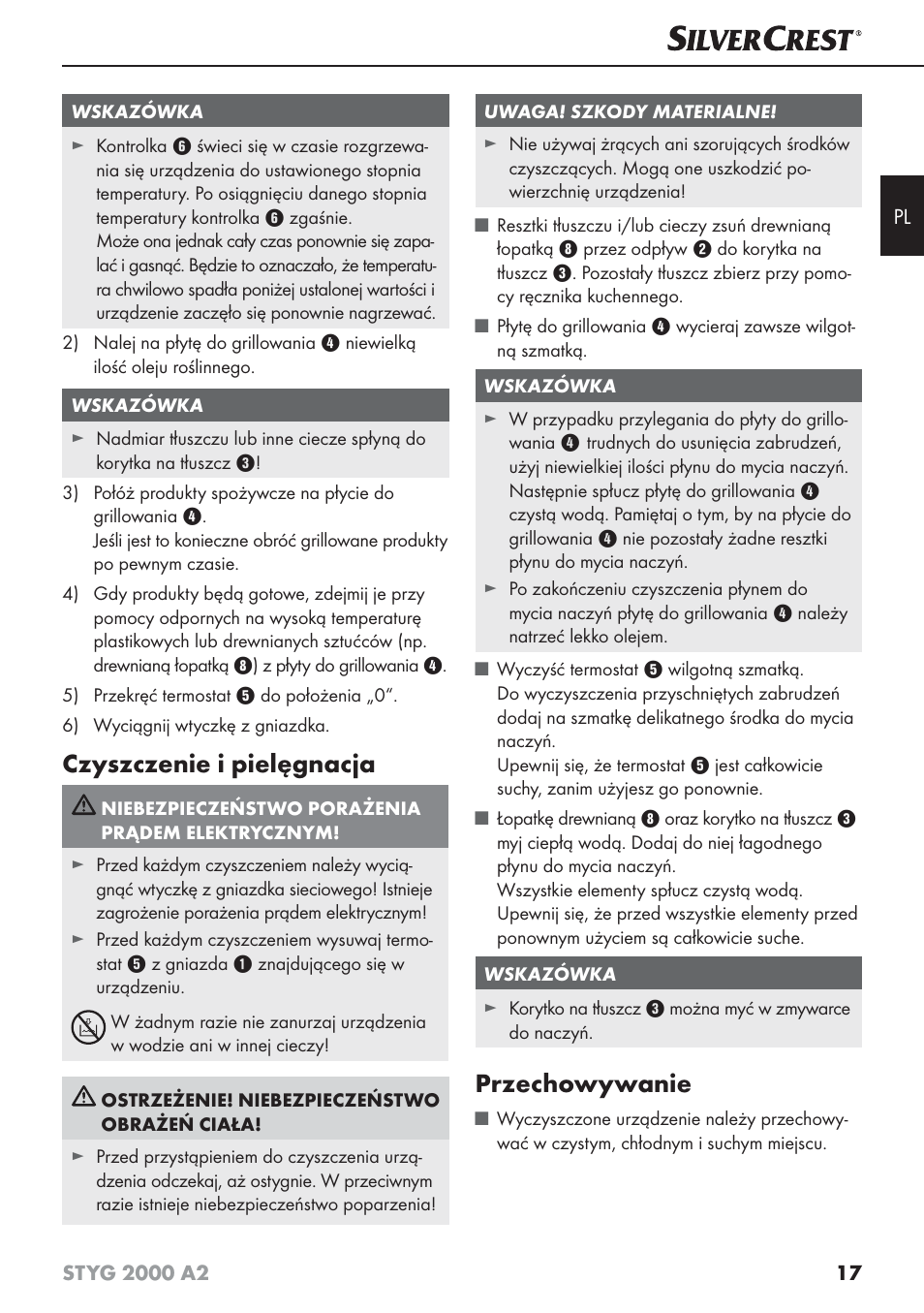 Czyszczenie i pielęgnacja, Przechowywanie | Silvercrest STYG 2000 A2 User Manual | Page 20 / 73