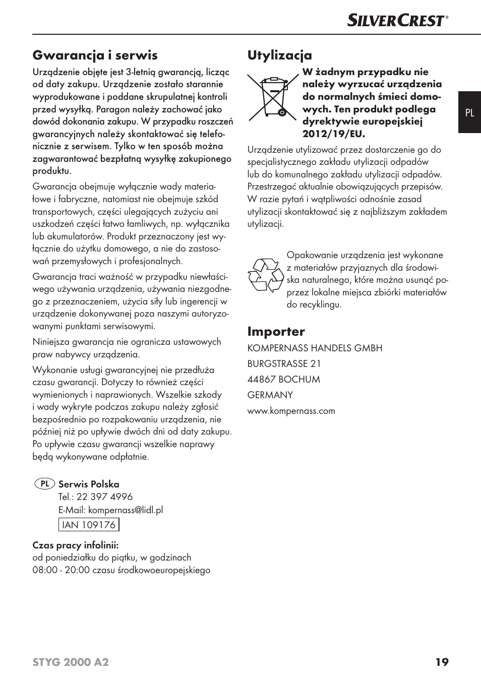 Gwarancja i serwis, Utylizacja, Importer | Silvercrest STYG 2000 A2 User Manual | Page 22 / 73