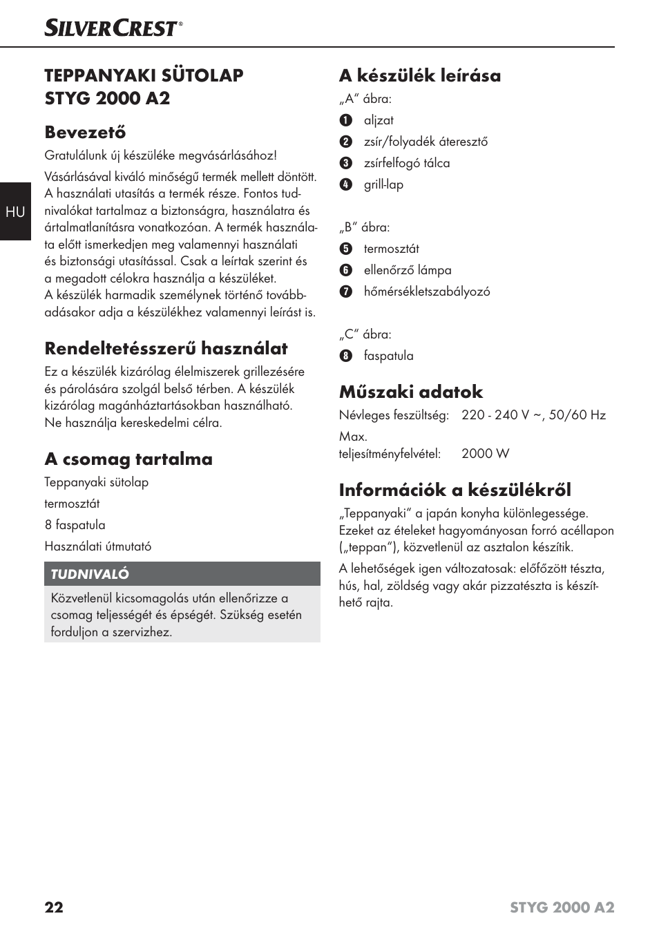 Rendeltetésszerű használat, A csomag tartalma, A készülék leírása | Műszaki adatok, Információk a készülékről | Silvercrest STYG 2000 A2 User Manual | Page 25 / 73