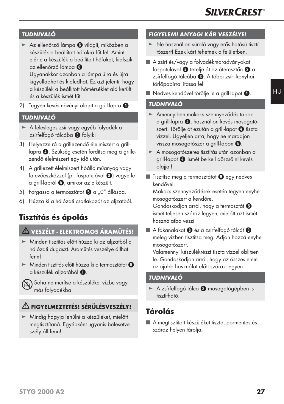 Tisztítás és ápolás, Tárolás | Silvercrest STYG 2000 A2 User Manual | Page 30 / 73