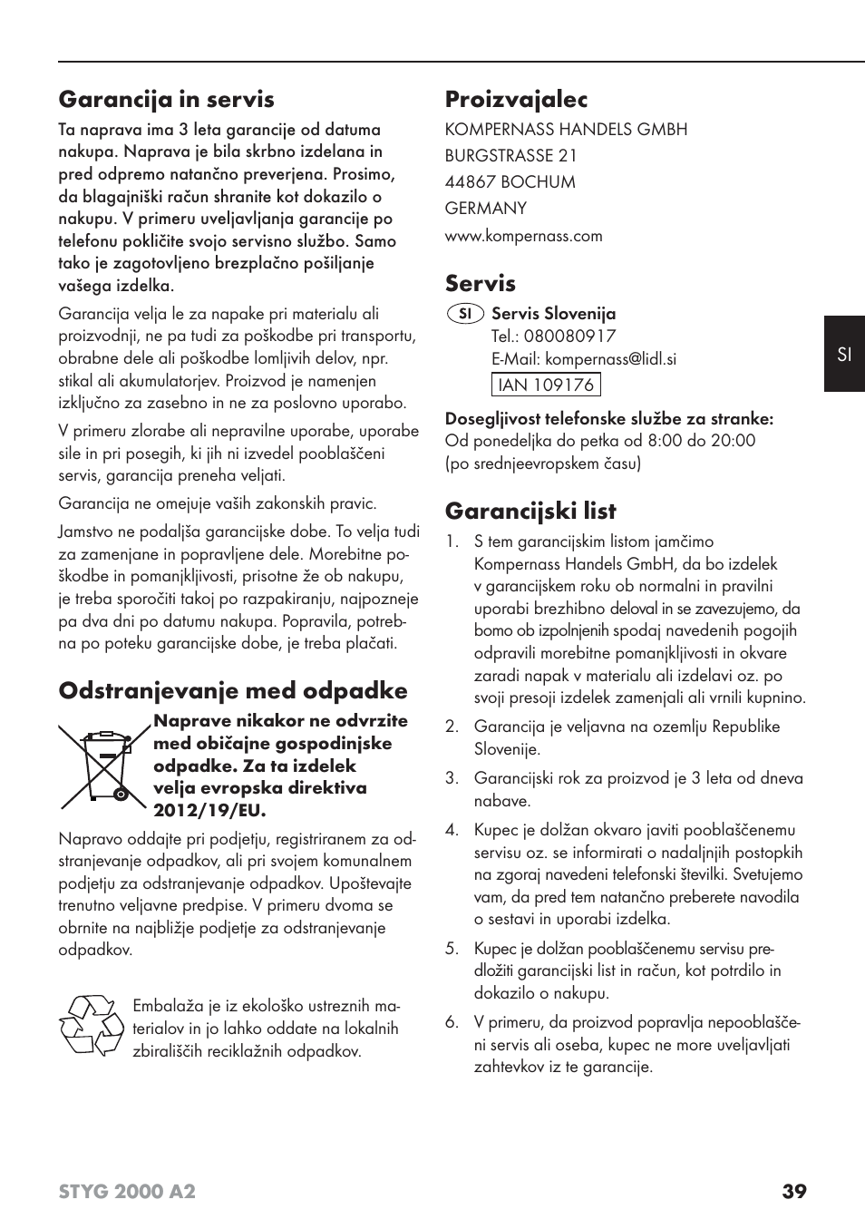 Garancija in servis, Odstranjevanje med odpadke, Proizvajalec | Servis, Garancijski list | Silvercrest STYG 2000 A2 User Manual | Page 42 / 73