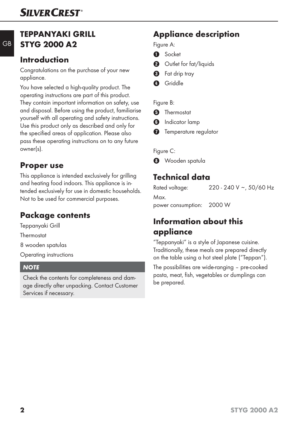 Proper use, Package contents, Appliance description | Technical data, Information about this appliance | Silvercrest STYG 2000 A2 User Manual | Page 5 / 73