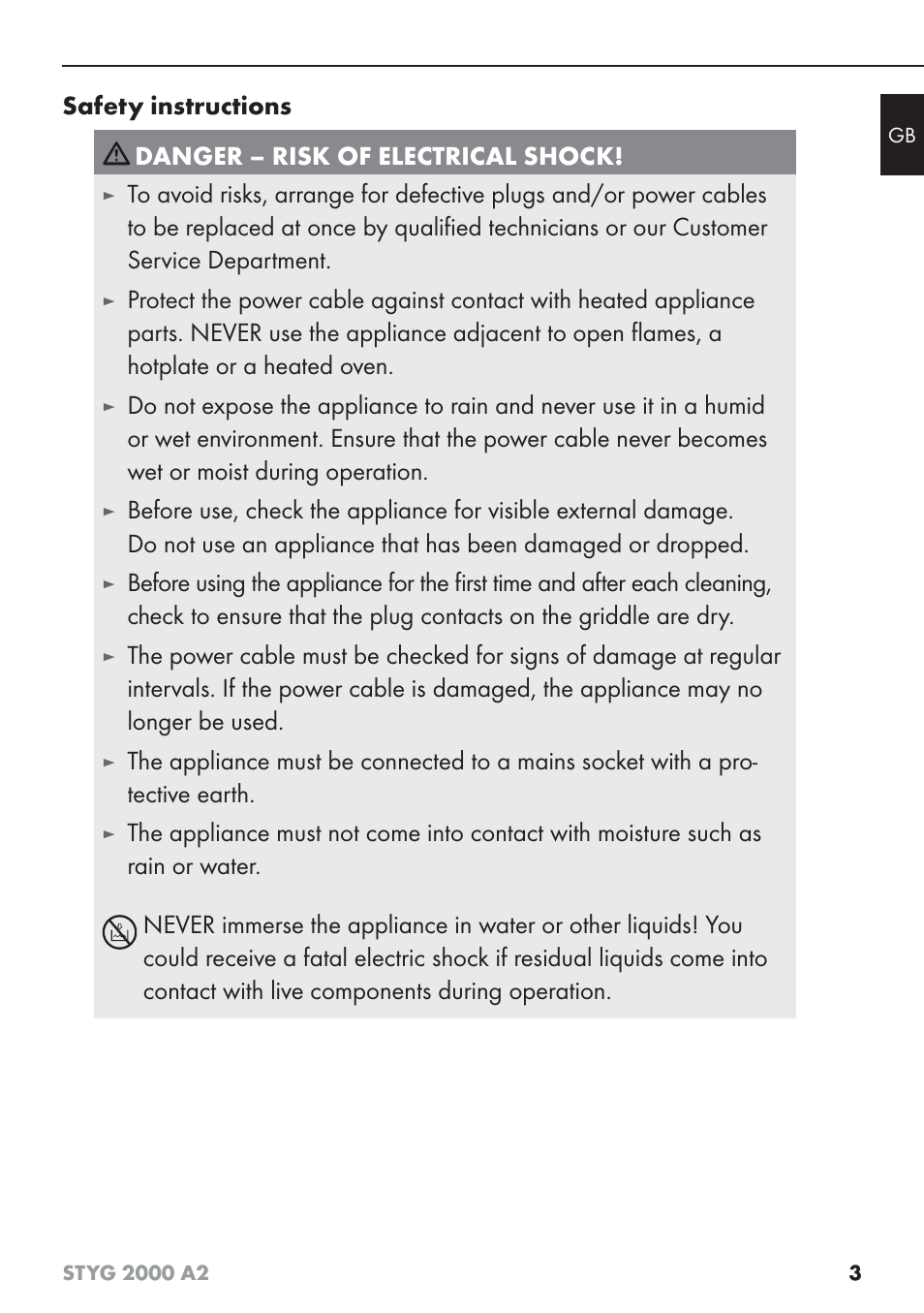 Safety instructions, Danger – risk of electrical shock | Silvercrest STYG 2000 A2 User Manual | Page 6 / 73