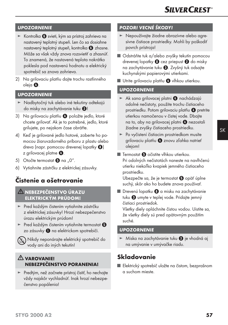 Čistenie a ošetrovanie, Skladovanie | Silvercrest STYG 2000 A2 User Manual | Page 60 / 73