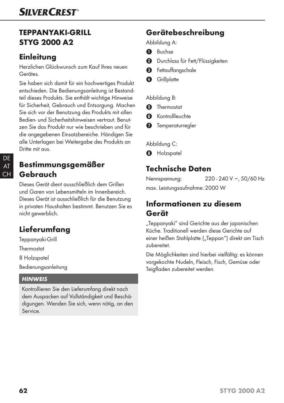 Bestimmungsgemäßer gebrauch, Lieferumfang, Gerätebeschreibung | Technische daten, Informationen zu diesem gerät | Silvercrest STYG 2000 A2 User Manual | Page 65 / 73