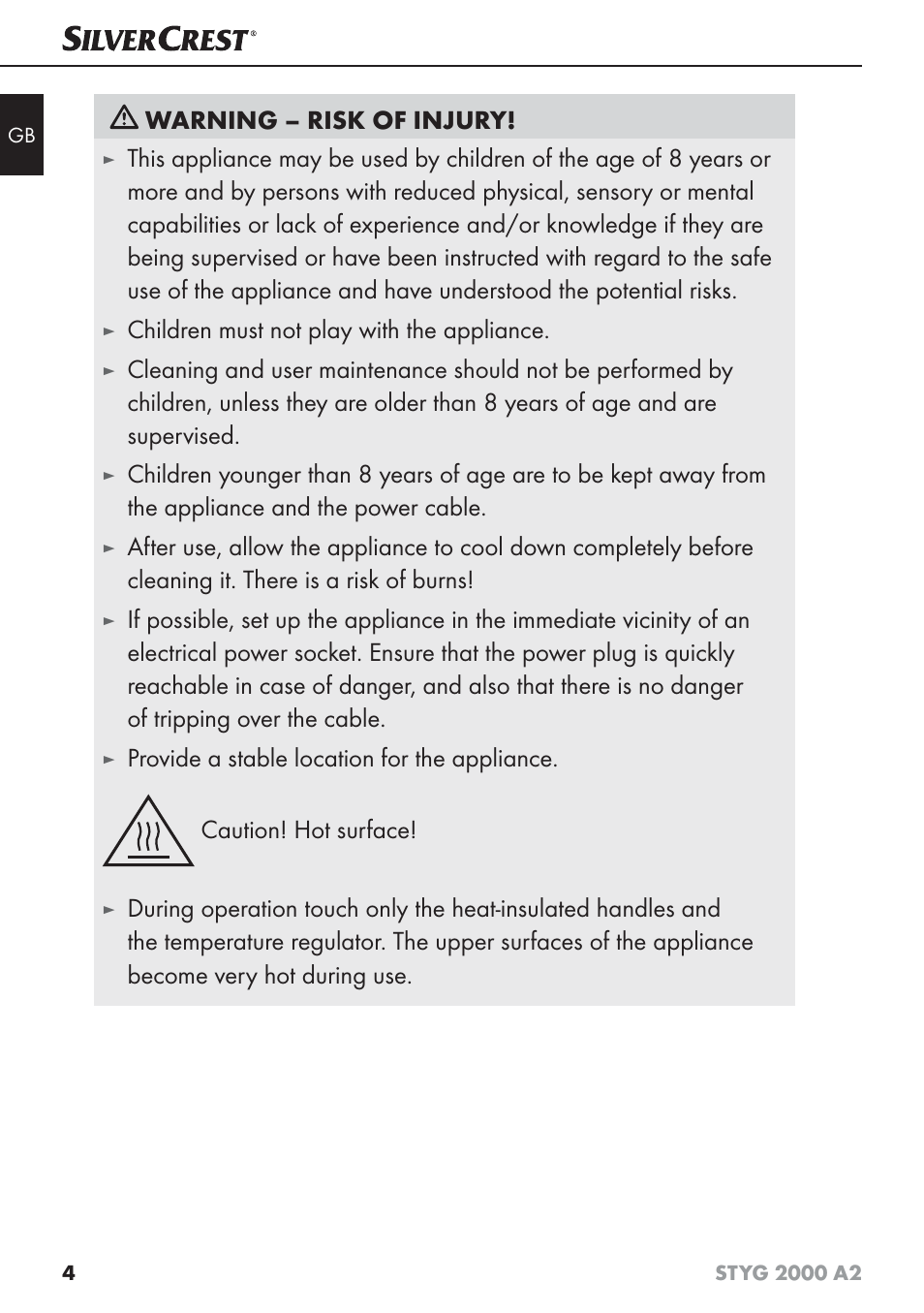 Warning – risk of injury, Children must not play with the appliance | Silvercrest STYG 2000 A2 User Manual | Page 7 / 73