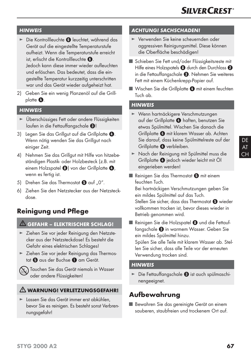 Reinigung und pﬂ ege, Aufbewahrung | Silvercrest STYG 2000 A2 User Manual | Page 70 / 73