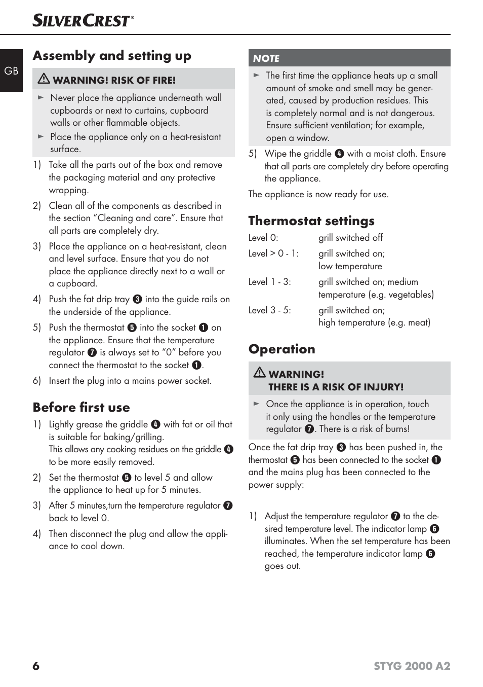 Assembly and setting up, Before ﬁ rst use, Thermostat settings | Operation | Silvercrest STYG 2000 A2 User Manual | Page 9 / 73