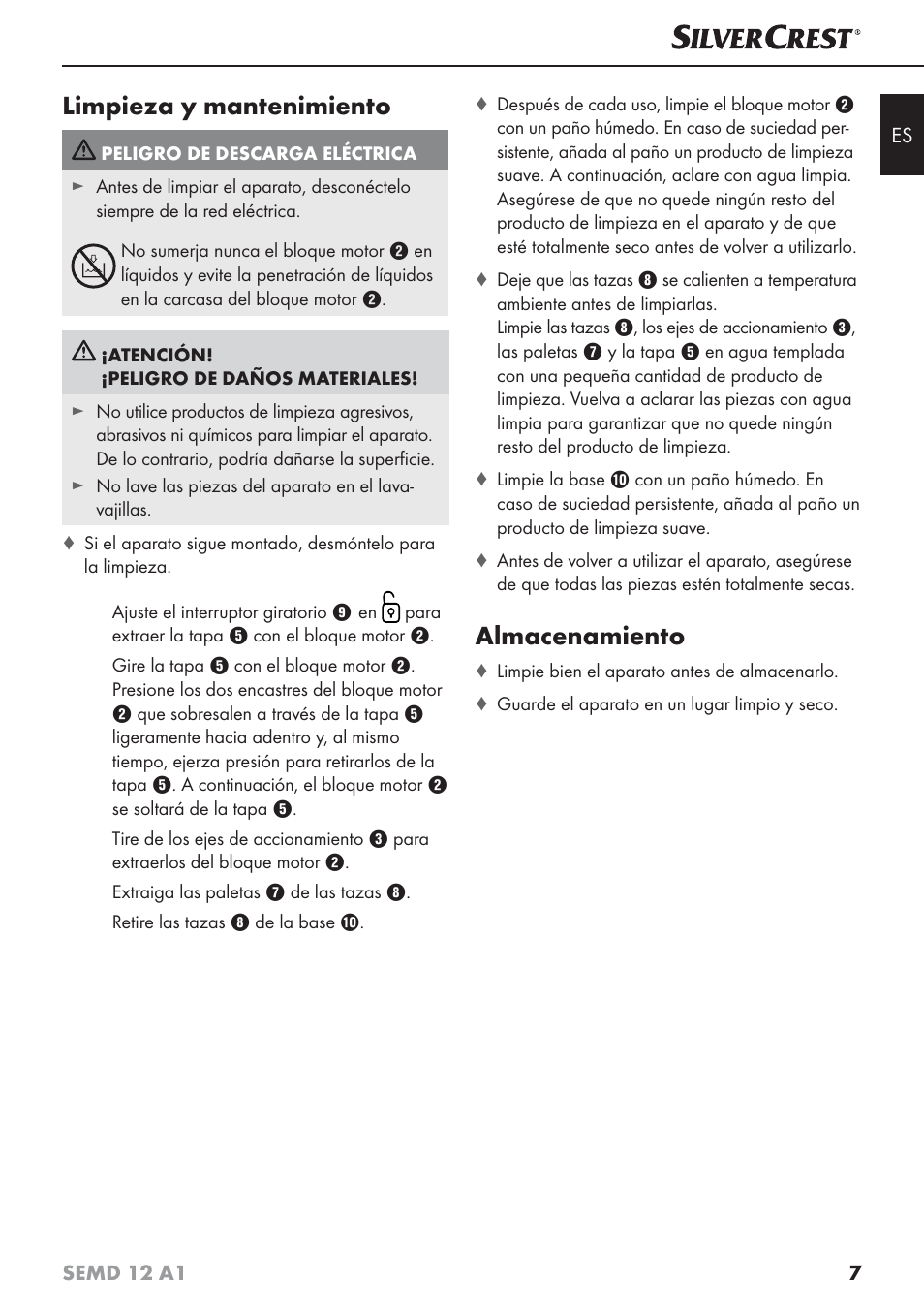 Limpieza y mantenimiento, Almacenamiento | Silvercrest SEMD 12 A1 User Manual | Page 10 / 54