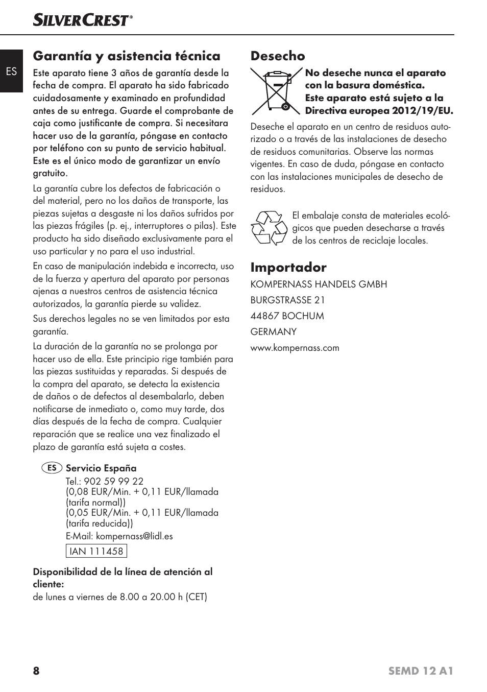 Garantía y asistencia técnica, Desecho, Importador | Silvercrest SEMD 12 A1 User Manual | Page 11 / 54