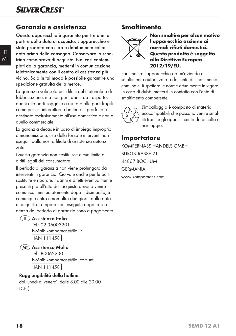 Garanzia e assistenza, Smaltimento, Importatore | Silvercrest SEMD 12 A1 User Manual | Page 21 / 54