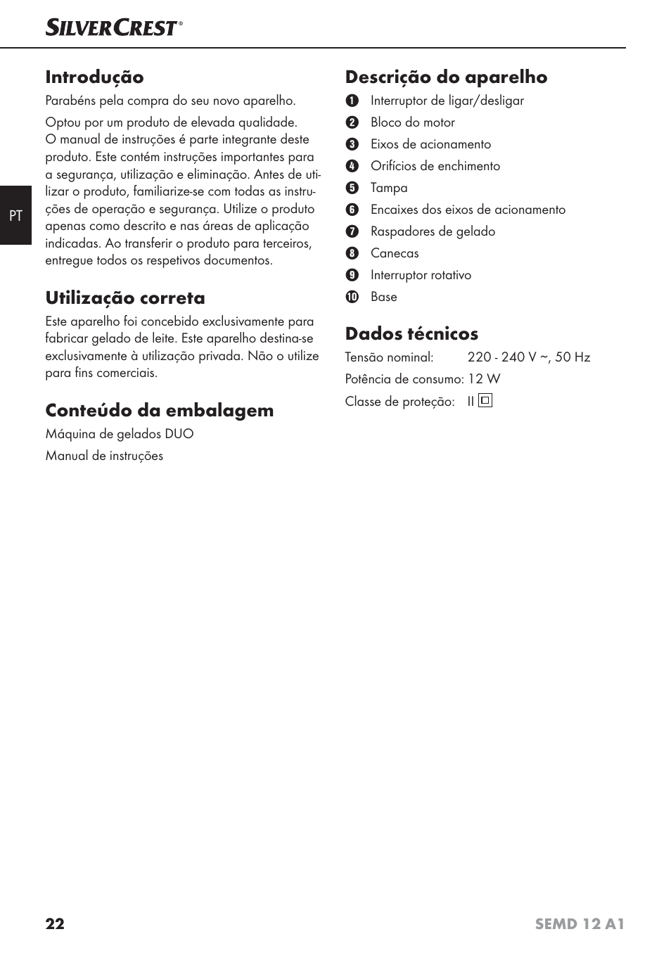 Introdução, Utilização correta, Conteúdo da embalagem | Descrição do aparelho, Dados técnicos | Silvercrest SEMD 12 A1 User Manual | Page 25 / 54