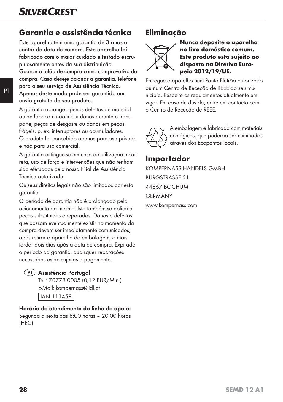 Garantia e assistência técnica, Eliminação, Importador | Silvercrest SEMD 12 A1 User Manual | Page 31 / 54