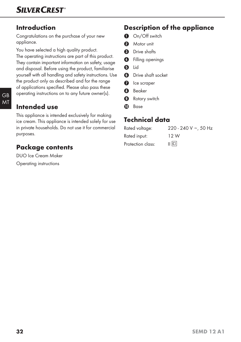 Introduction, Intended use, Package contents | Description of the appliance, Technical data | Silvercrest SEMD 12 A1 User Manual | Page 35 / 54