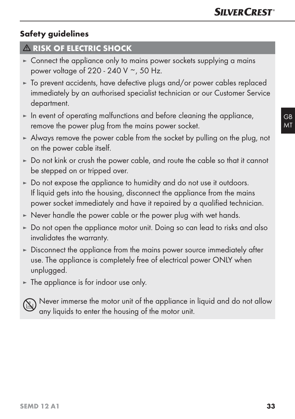 Safety guidelines risk of electric shock | Silvercrest SEMD 12 A1 User Manual | Page 36 / 54