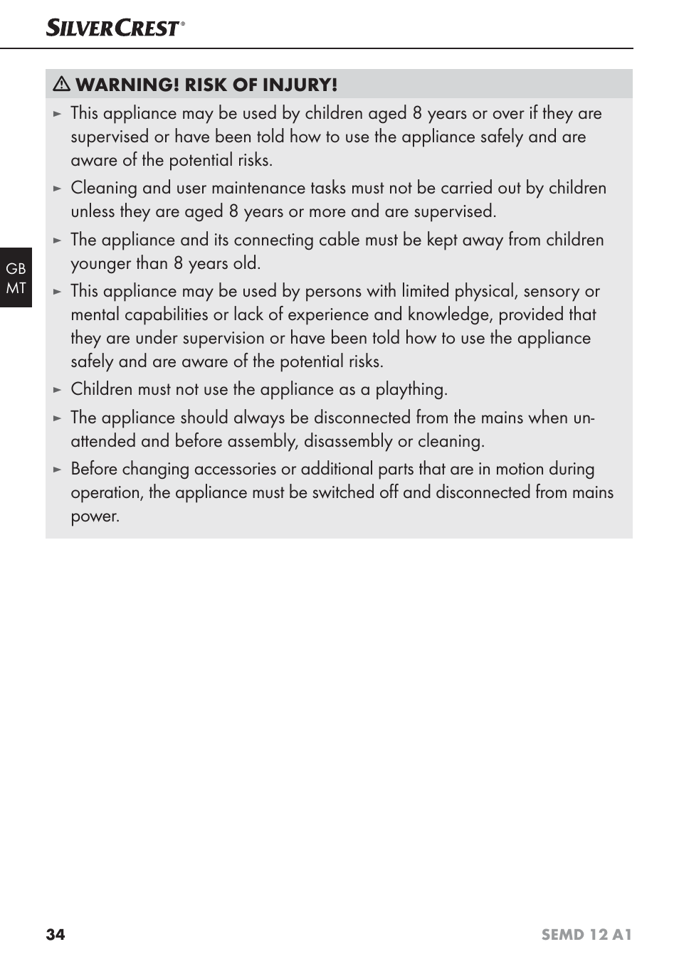 Warning! risk of injury, Children must not use the appliance as a plaything | Silvercrest SEMD 12 A1 User Manual | Page 37 / 54
