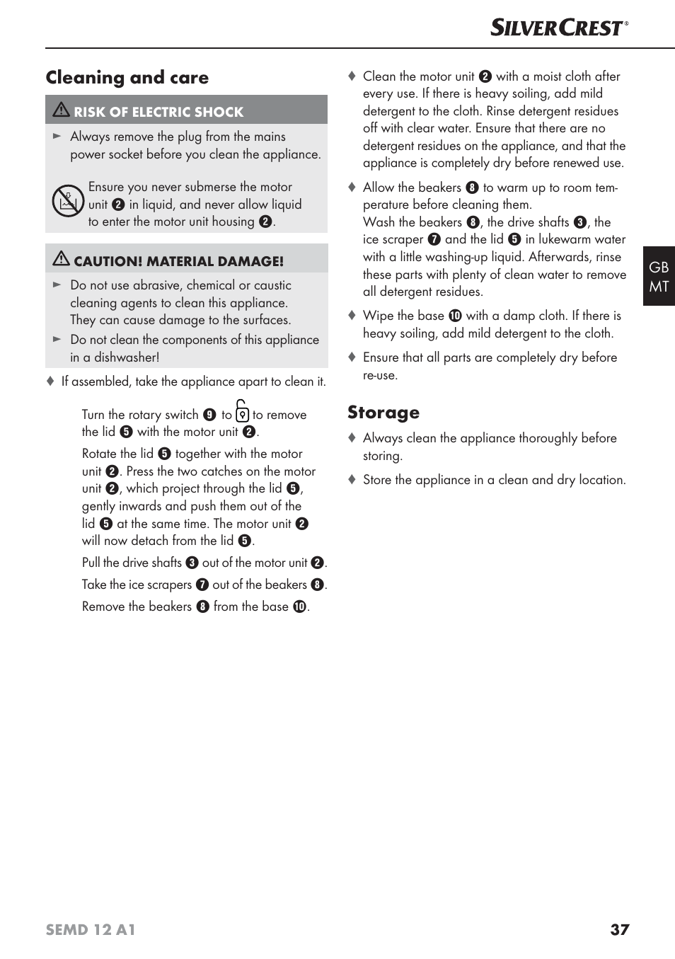 Cleaning and care, Storage | Silvercrest SEMD 12 A1 User Manual | Page 40 / 54