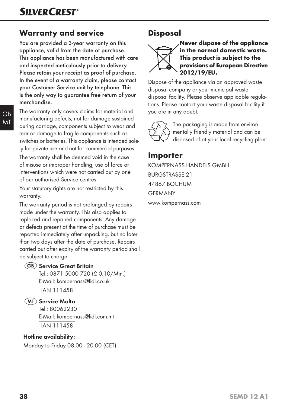 Warranty and service, Disposal, Importer | Silvercrest SEMD 12 A1 User Manual | Page 41 / 54
