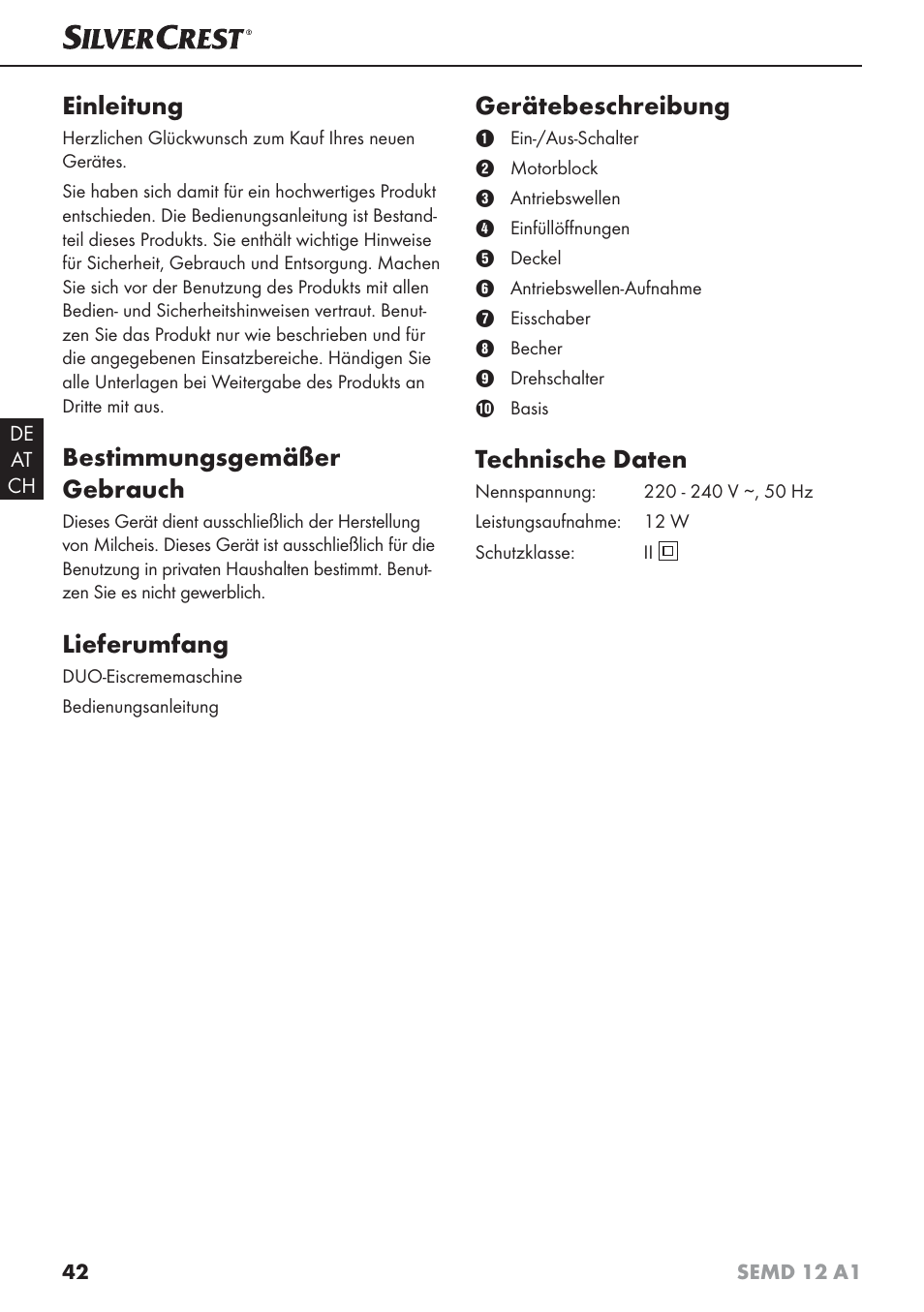 Einleitung, Bestimmungsgemäßer gebrauch, Lieferumfang | Gerätebeschreibung, Technische daten | Silvercrest SEMD 12 A1 User Manual | Page 45 / 54