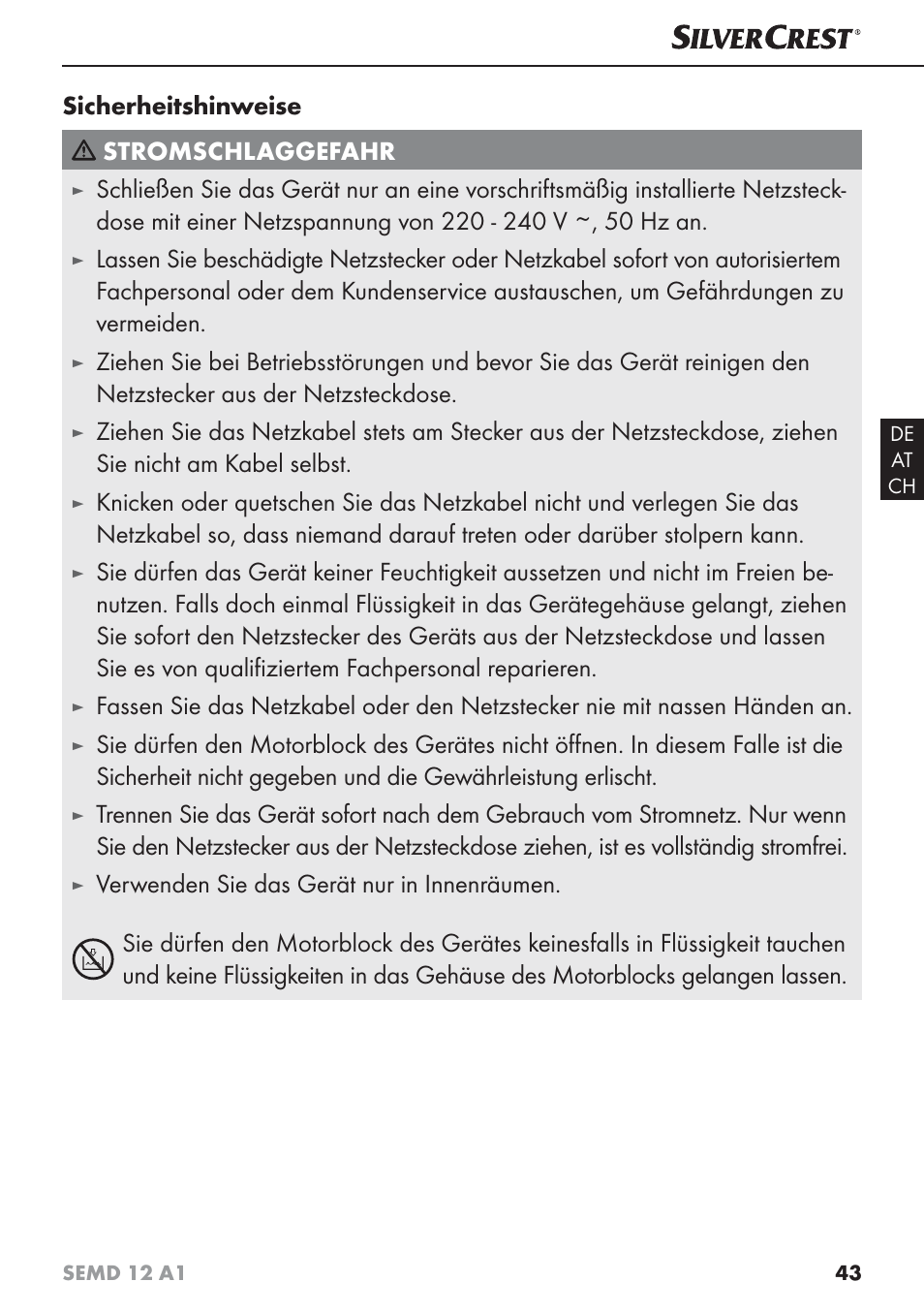 Sicherheitshinweise stromschlaggefahr | Silvercrest SEMD 12 A1 User Manual | Page 46 / 54