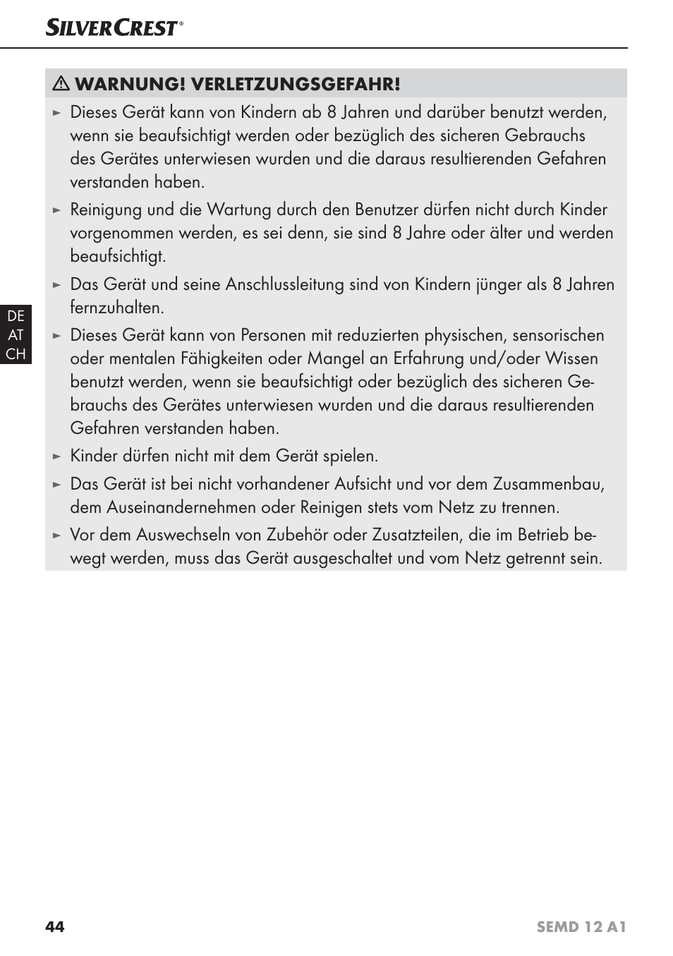 Warnung! verletzungsgefahr, Kinder dürfen nicht mit dem gerät spielen | Silvercrest SEMD 12 A1 User Manual | Page 47 / 54