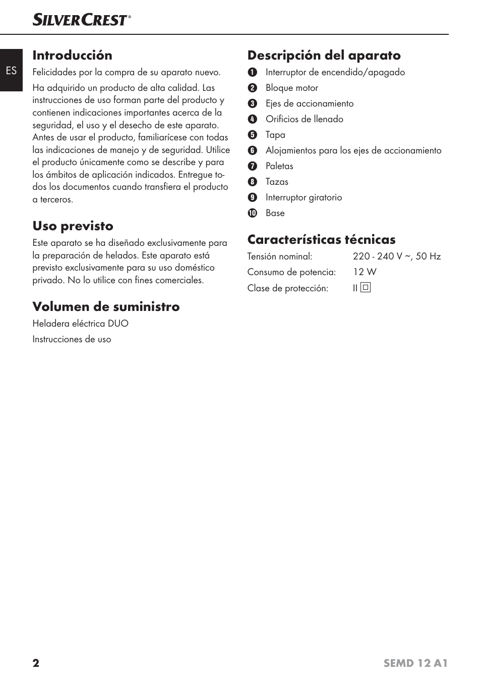 Introducción, Uso previsto, Volumen de suministro | Descripción del aparato, Características técnicas | Silvercrest SEMD 12 A1 User Manual | Page 5 / 54