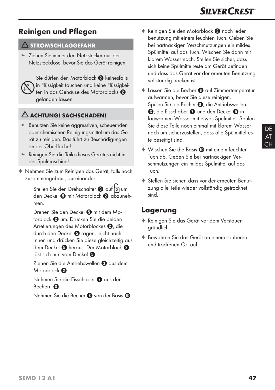 Reinigen und pﬂ egen, Lagerung | Silvercrest SEMD 12 A1 User Manual | Page 50 / 54